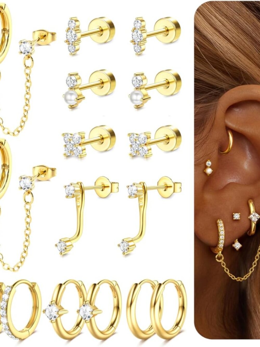 Gold Earrings for Women Flat Back Earrings Hypoallergenic Earring Stacks | 14K G